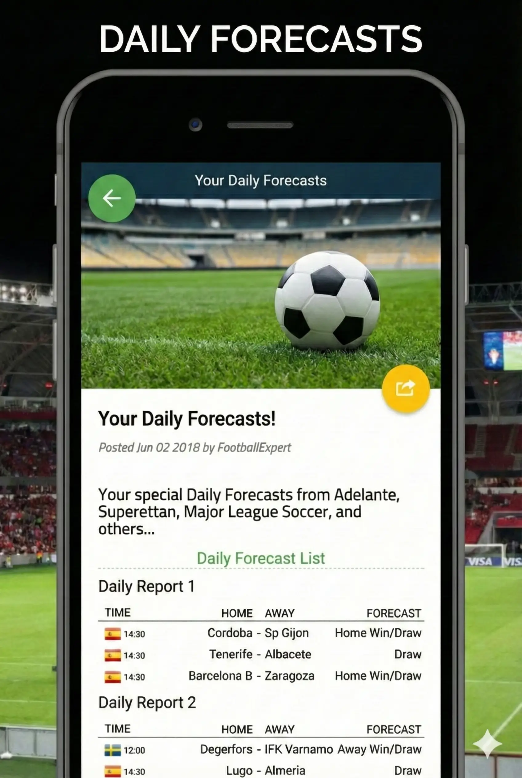 Football AI app screen: daily forecasts